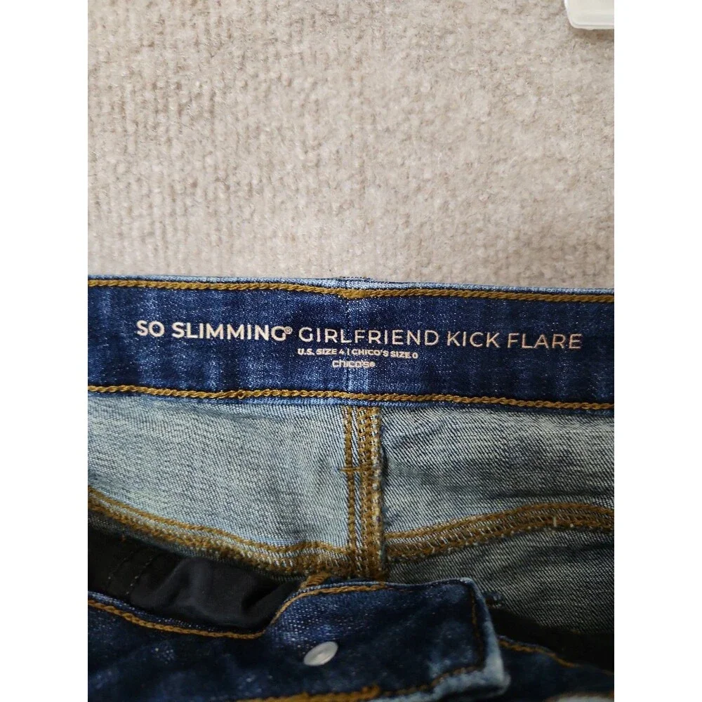 Chicos So Slimming Girlfriend Kick Flare Jeans Womens 0 US 4 Blue Dark Wash